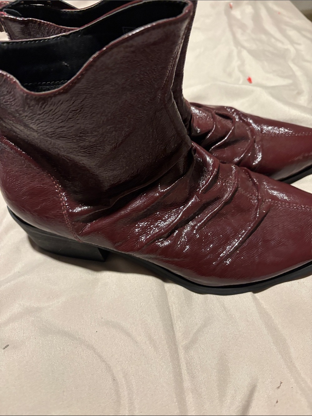 Olivia Miller Burgundy Patent Leather Ankle Booties with Rear Zipper wine color - Picture 3 of 6